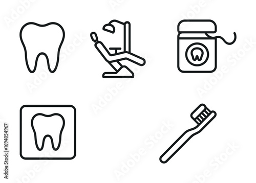 Dental care icons: tooth, chair, floss, x-ray, toothbrush illustrations