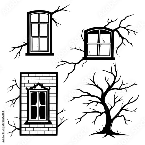 Haunted windows and bare tree silhouettes spooky creepy