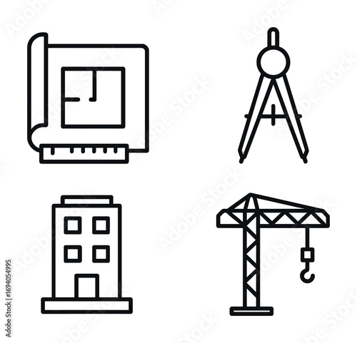 Architectural tools and construction icons featuring blueprint, compass, building, and crane