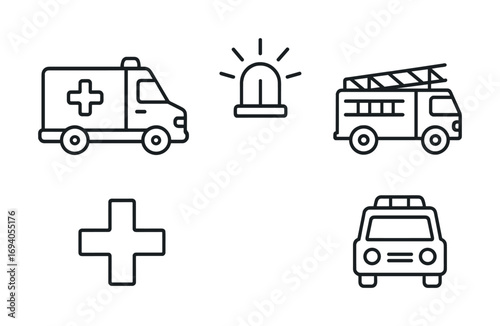 Emergency vehicle icons: ambulance, siren, fire truck, police car, medical cross