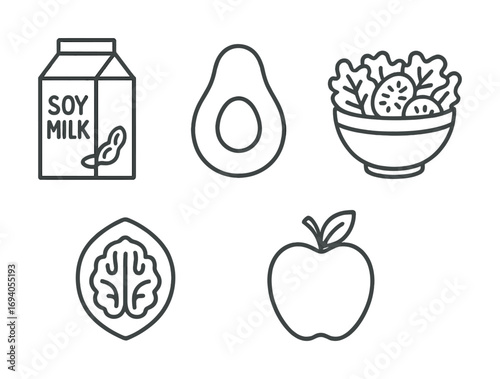 Healthy vegan diet icons: soy milk, avocado, salad, walnut, apple