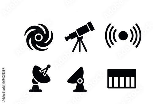 Astronomy icons: telescope, black hole, satellite dish, radar, signal, sound