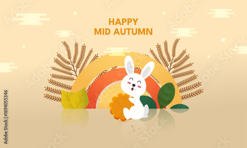 Happy Mid Autumn Festival celebration pedestal podium background with autumn leaves and cute bunny with Moon cake. Vector Illustration.