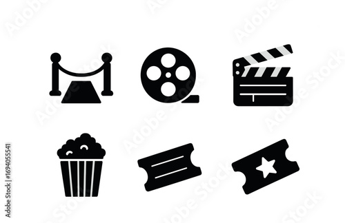 Cinema icons: film reel, clapboard, popcorn, tickets, red carpet elements