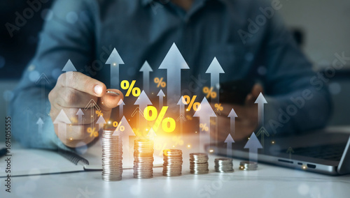 Percentage interest rates continue to increase, stocks and mutual funds, investment for retirement.Interest rate and dividend. 