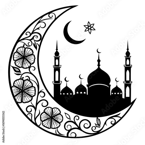 Islamic crescent moon mosque floral silhouette vector