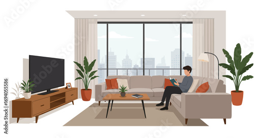 Man relaxing on a sectional couch in a modern living room.