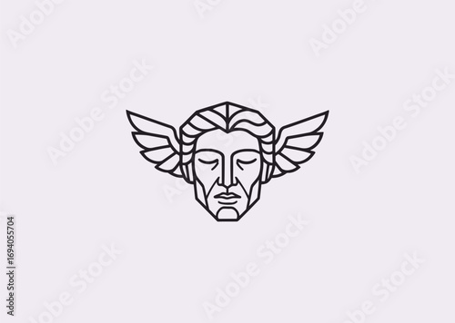 A geometric style line art Morpheus logo with a sleeping face and wings, symbolizing dreams, rest, and the god of sleep
