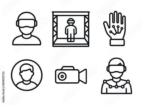 Virtual reality icons: headset, vr gaming, motion capture, vr camera, haptic glove, avatar