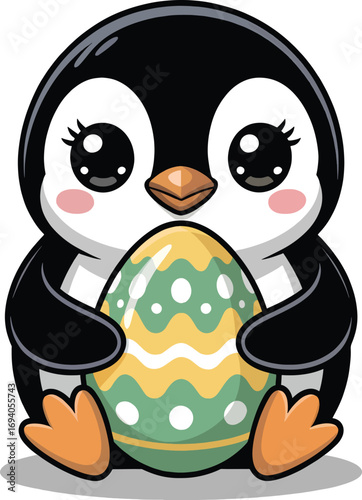 penguin holding a decorated easter egg ready for spring celebrations vector