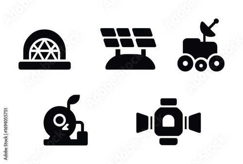 Space exploration icons: dome, solar panels, rover, satellite, telescope