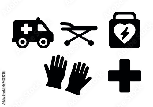 Emergency medical essentials: ambulance, stretcher, defibrillator, gloves, first aid