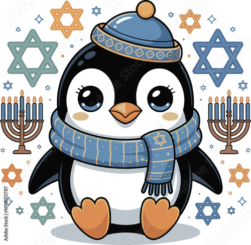 penguin wearing hat and scarf celebrating Hanukkah with menorahs and stars of David vector