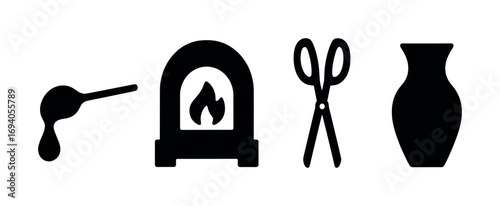 Glassblowing craft icons: molten glass, kiln, scissors, vase silhouettes
