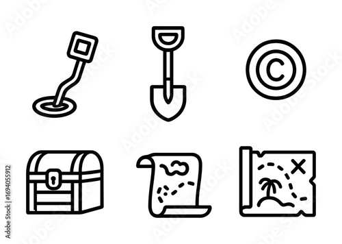 Treasure hunt icons: metal detector, shovel, map, and chest symbols