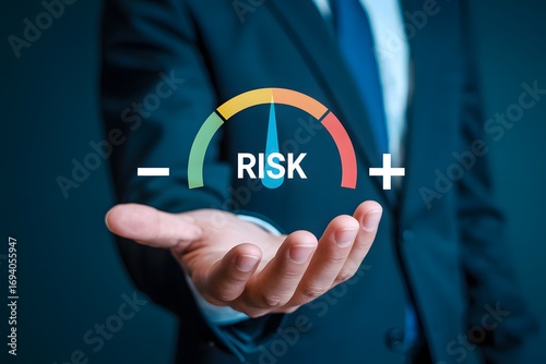 A man holding a Risk meter, showing risk level