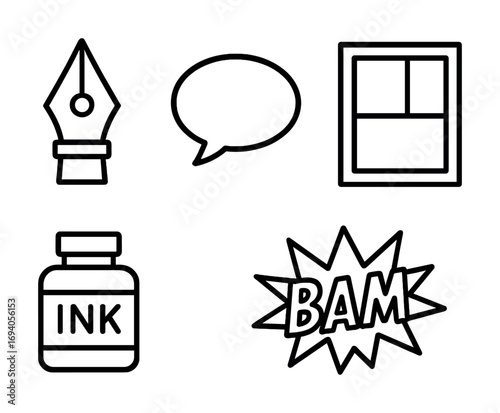 Comic elements: pen nib, speech bubble, comic panel, ink bottle, bam! burst