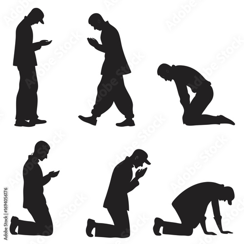 Islamic prayer postures silhouettes vector