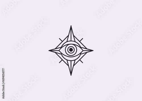 A geometric style line art Cyclops eye compass logo, symbolizing vision, navigation, and mythical guidance