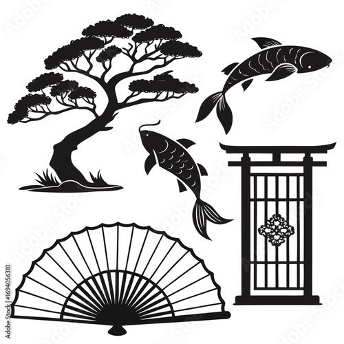 Japanese ink style silhouettes koi tree gate fan koi fish