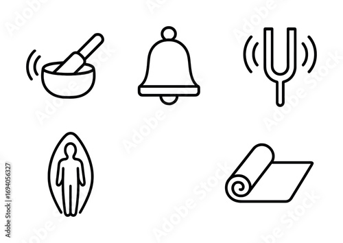 Mindfulness symbols: singing bowl, meditation bell, tuning fork, meditation pose, yoga mat