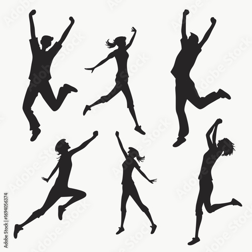 Joyful figures leaping celebrating silhouettes people