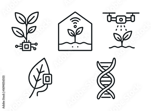 Innovative icon set: smart farming, drones, genetic plant technology, iot agriculture