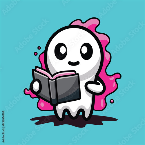 Cute Ghost Reading Book SVG Vector