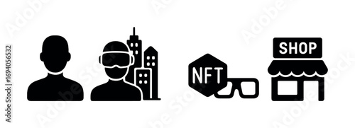 Virtual reality and nft shopping icons with cityscape elements