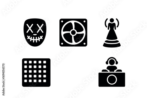 Set of six black music and technology icons including dj and speaker symbols