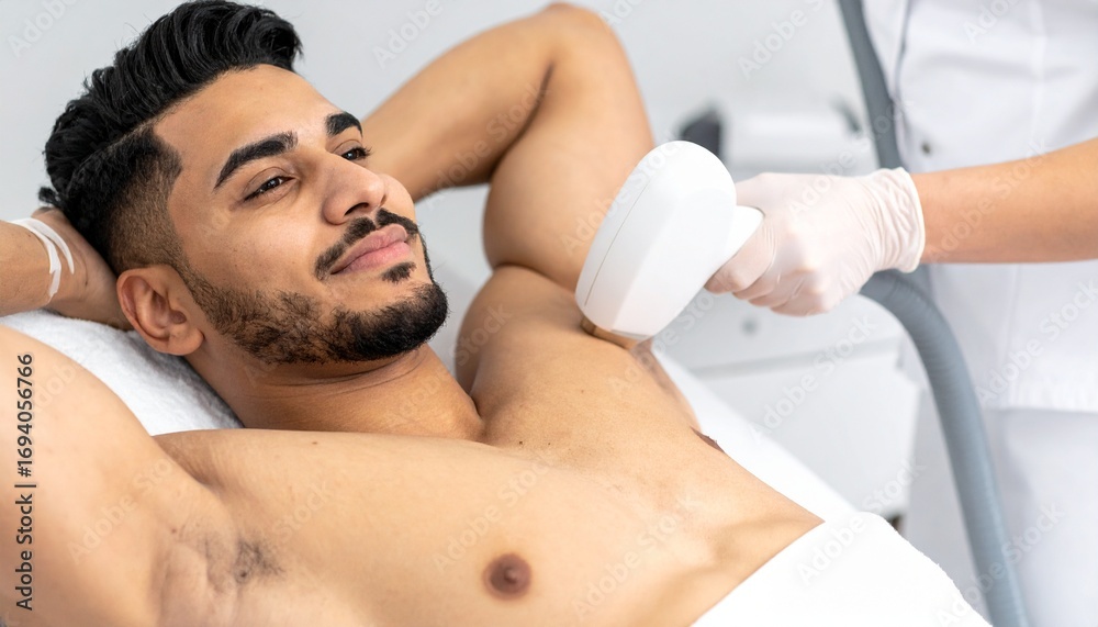 Fototapeta premium Man undergoing laser hair removal treatment. He lies comfortably while an expert treats his underarm, demonstrating a modern beauty procedure.