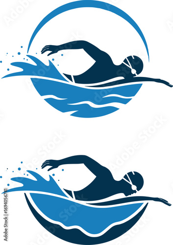 Two stylized silhouettes of swimmers in blue water waves and circles representing motion vector