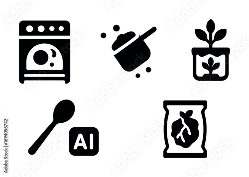 Icon set: oven, saucepan, plant pot, spoon with ai, fertilizer bag