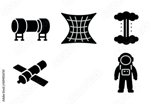 Space exploration icons: telescope, wormhole, rocket, satellite, astronaut