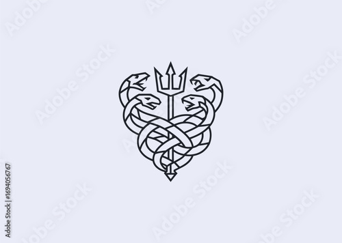 A geometric style line art Hydra entwined trident logo, symbolizing multi-headed power, chaos, and mythic might