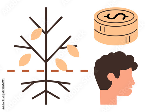 Tree with sparse branches, coins with dollar sign, and head silhouette. Ideal for economy, finance, investment, budgeting, innovation resource management sustainability. Simple flat metaphor