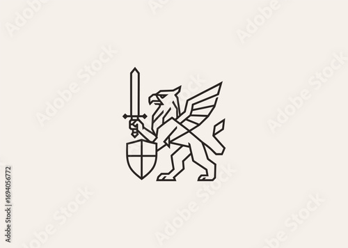 A geometric style line art Griffin logo with sword and shield, representing courage, strength, and guardianship
