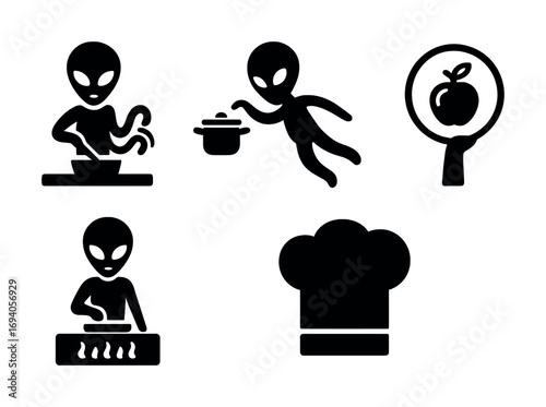 Alien chefs cooking with floating ingredients and iconic chef hat