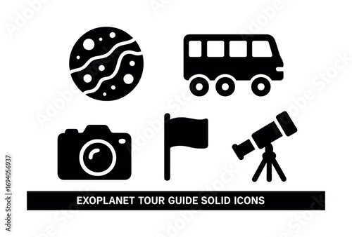 Exoplanet exploration icons: telescope, camera, flag, planet and vehicle