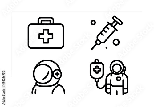 Medical and astronaut icons - syringe, medical kit, astronaut, iv drip