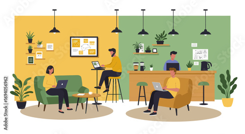 modern coworking space with people working and relaxing.