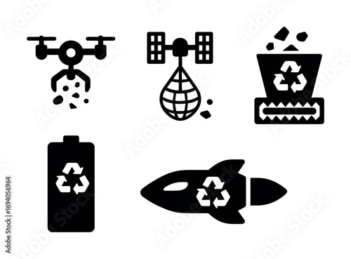 Innovative recycling icons: drone, satellite, bin, battery, rocket with eco symbols