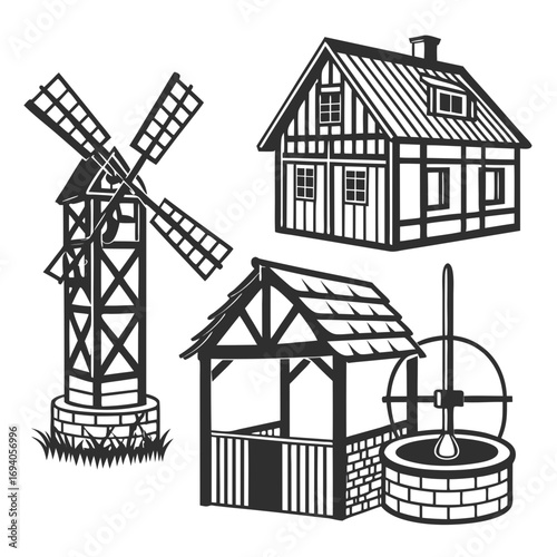Medieval village structures and water well windmill