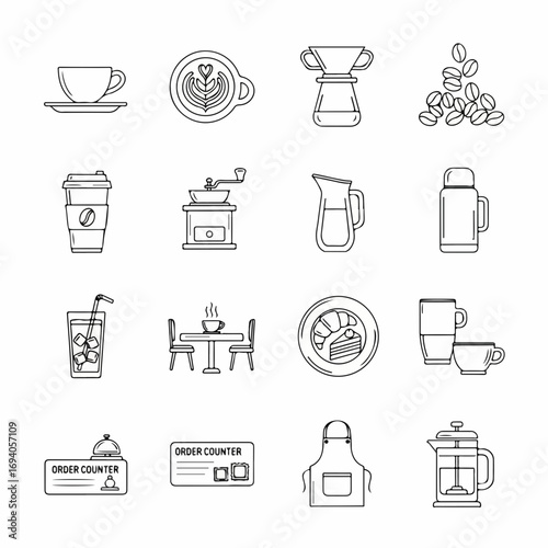 Coffee Shop and Barista Equipment Line Icon Set 1.