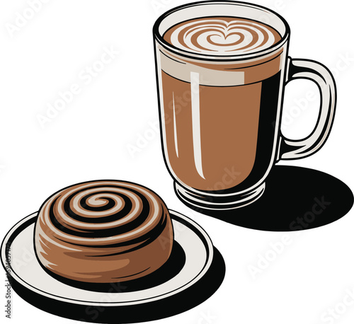 Warm cinnamon roll and frothy coffee cup for a cozy morning treat vector