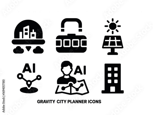 Gravity city planner icons: urban development, ai integration, renewable energy, transportation