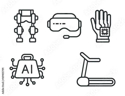 Futuristic technology icons: exosuit, vr headset, ai chip, treadmill