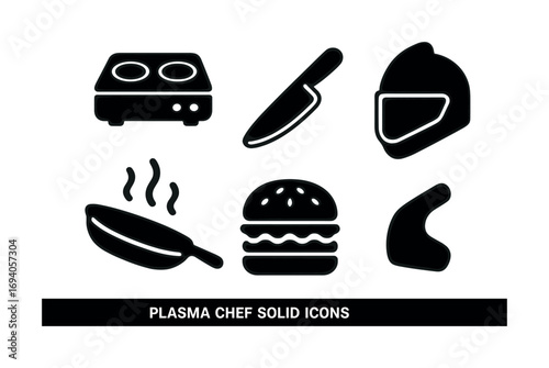 Cooking tools and food icons: stove, knife, helmet, pan, burger, bacon