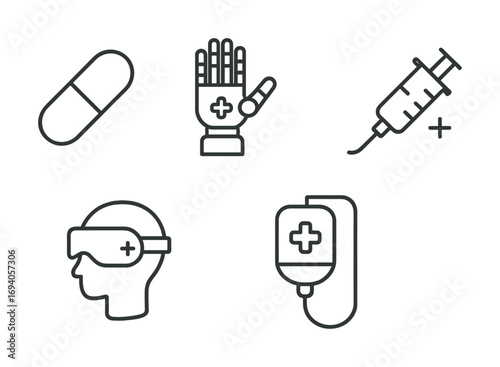 Medical icons set: pill, prosthetic hand, syringe, vr headset, iv bag in simple line art