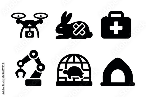 Pet care icons: drone, injured rabbit, medical kit, robotic arm, turtle cage, dog house